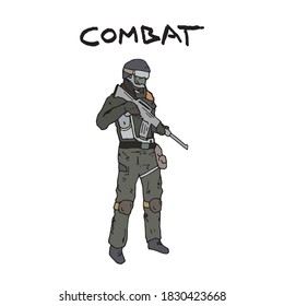 Soldier standing ready to combat and to open fire, hand drawn colored illustration with letters text. Military man holding gun, pen drawing logo. Human in the army with rifle and full uniform, symbol.