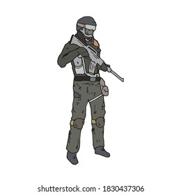 Soldado listo para combatir y abrir fuego, ilustración de color dibujada a mano. Hombre militar con un gran bolígrafo de arma dibujando el logo en blanco y negro. Humano en el ejército con rifle y uniforme completo, símbolo.