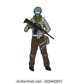 Soldier standing ready to combat and to open fire, hand drawn outline illustration. Military man with big gun pen drawing black and white logo. Human in the army with rifle, uniform and helmet, symbol