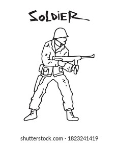 Soldado de pie y listo para abrir fuego desde una pistola de rifle, ilustración original del contorno. Hombre militar en la acción con uniforme completo con letras de texto. Fuerza del ejército esperando una batalla, símbolo aislado.