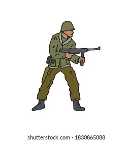 Soldado de pie y listo para abrir fuego desde una pistola de rifle, ilustración original de color. Hombre militar en la acción completamente uniformado. Fuerza del ejército esperando una batalla, aislado símbolo de dibujo de lápiz.