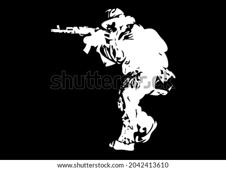 Soldier standing and ready to open fire from rifle gun, isolated symbol.