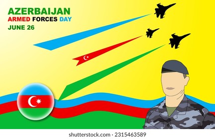 a soldier standing with the silhouette of a fighter plane and the Azerbaijani flag in the background. commemorate Azerbaijan Armed Forces Day on June 26
