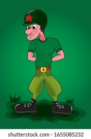 A soldier stands at a post on a green background.