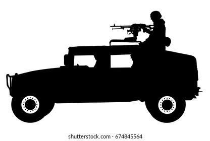 A Soldier Stands With A Rifle, On A Military Jeep Silhouette Vector. Honor Military Equipment