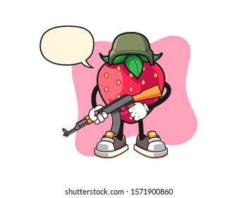 Soldier Strawberry with speech bubble cartoon. Mascot Character vector.