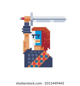 Soldier with sword. Country Scotland. Pixel art. Sticker design. Isolated vector illustration.