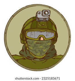 Ein Soldat mit taktischer Brille und einer Aktionskamera auf seinem Helm. Portrait in einem runden stilisierten Rahmen. Skizze. Vektorgrafik