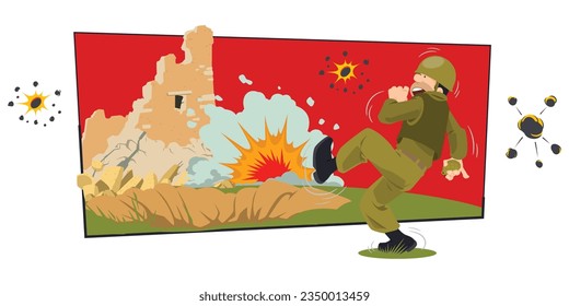 Soldier throws grenade during fight. Funny people. Illustration concept template for website, web landing page, banner, presentation, social, poster, promotion or print media.
