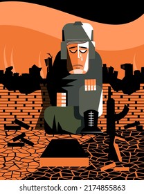 Un soldado cansado de la guerra. Ilustración vectorial.