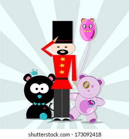soldier in training, cat, monster balloon and teddy bear.