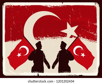 Soldier with Turkey Flag. Vintage Vector Poster Design. Crescent and Star.