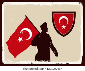 Soldier with Turkey Flag. Vintage Vector Poster Design. Crescent and Star.
