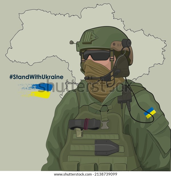 Soldier of the Ukrainian army in camouflage\
outfit; Vector\
illustration