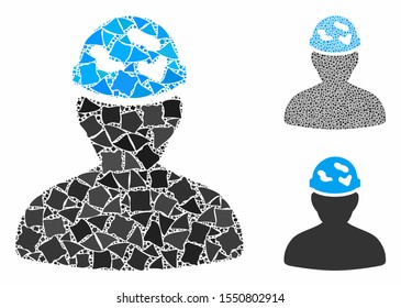 Soldier under spotted helmet mosaic of unequal pieces in variable sizes and shades, based on soldier under spotted helmet icon. Vector irregular pieces are united into mosaic.
