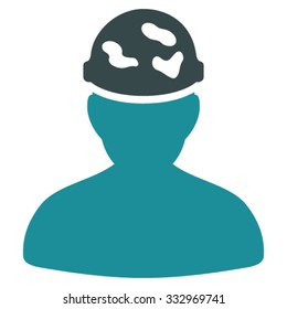 Soldier Under Spotted Helmet vector icon. Style is bicolor flat symbol, soft blue colors, rounded angles, white background.