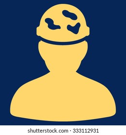 Soldier Under Spotted Helmet vector icon. Style is flat symbol, yellow color, rounded angles, blue background.