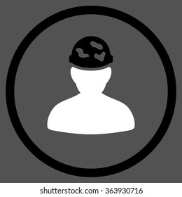 Soldier Under Spotted Helmet vector icon. Style is bicolor flat circled symbol, black and white colors, rounded angles, gray background.