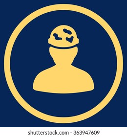 Soldier Under Spotted Helmet vector icon. Style is flat circled symbol, yellow color, rounded angles, blue background.