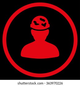 Soldier Under Spotted Helmet vector icon. Style is flat circled symbol, red color, rounded angles, black background.