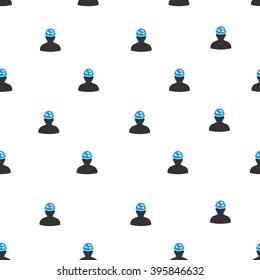 Soldier under Spotted Helmet vector seamless repeatable pattern. Style is flat blue and dark gray soldier under spotted helmet symbols on a white background.