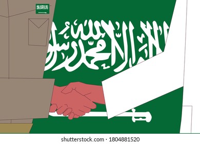 Soldier in uniform and doctor shaking hands with national flag  - Saudi Arabia