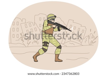 Soldier in uniform with gun walking destroyed city protecting land. Warrior on military service at war. Serviceman at front. Vector illustration.