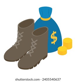 Soldier uniform icon isometric vector. Gray military high boot and big money bag. Combat boot, army uniform