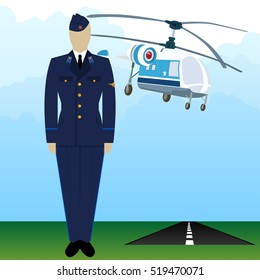 Soldier in uniform of a military pilot on the background of modern military helicopter. The illustration on a white background.