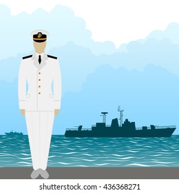 Soldier in uniform of military seaman on a background of warships. The illustration on a white background.