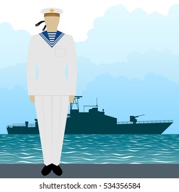 Soldier in uniform of military seaman on a background of military missile boat. The illustration on a white background.