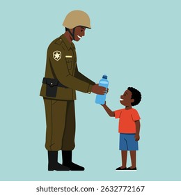 A soldier in uniform offers a water bottle to a smiling young boy. The boy is reaching for the bottle.
