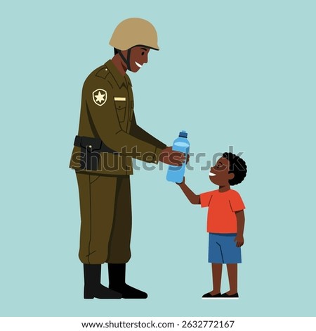 A soldier in uniform offers a water bottle to a smiling young boy. The boy is reaching for the bottle.
