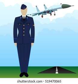 A soldier in uniform on the background of a military pilot military aircraft. The illustration on a white background.