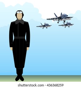 A soldier in uniform on the background of the pilot flying military aircraft. The illustration on a white background.