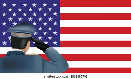 soldier in uniform salutes the American flag visor