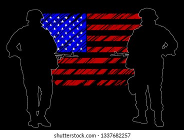 Soldat in Uniform mit Waffe auf Flaggenhintergrund