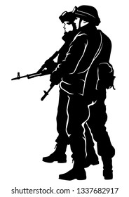 Soldat in Uniform mit Waffe auf Flaggenhintergrund