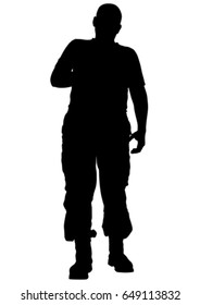 Soldier in uniform with weapon on white background