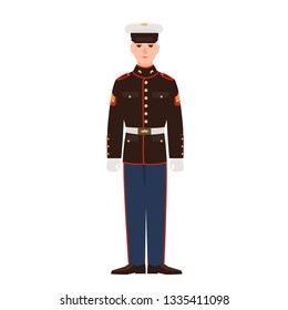 Soldado de la fuerza armada de EE.UU. con uniforme de desfile y gorra. Militar estadounidense, sargento o infantería aislado de fondo blanco. Caricatura masculina. Ilustración vectorial de color plano.