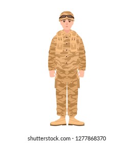 Soldier of USA armed forces wearing combat uniform. Infantryman or serviceman in battledress isolated on white background. Male cartoon character. Colorful vector illustration in flat cartoon style.