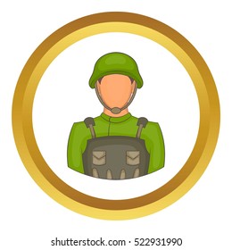 Soldier vector icon in golden circle, cartoon style isolated on white background