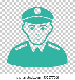 Soldier vector icon. Illustration style is flat iconic cyan symbol on a chess transparent background.