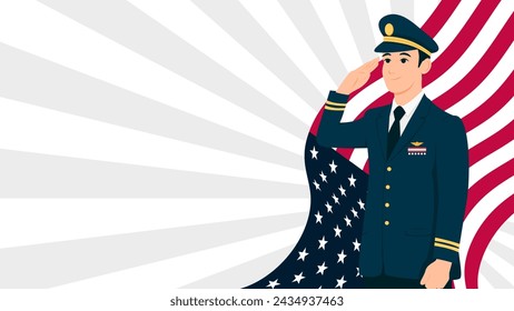 Soldier vector illustration saluting the USA flag for memorial day. Remember and honor.Poster or banner background with copy space