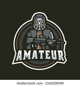 soldier vector mascot logo design with modern illustration concept style for badge, emblem and tshirt printing. soldier illustration with shotguns in hand.