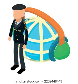 Vector isométrico del icono veterano del soldado. Hombre mayor soldado con uniforme y parrilla. Militar, concepto de ejército
