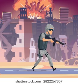 Soldier walking through war torn city with explosion vector illustration