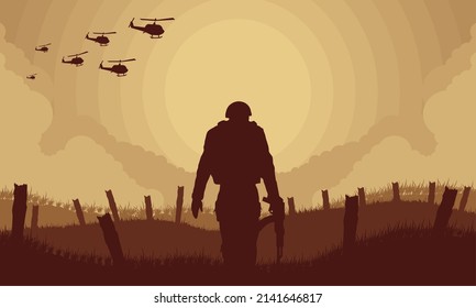 afiche del soldado en la escena de la guerra