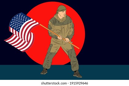 Soldier waving an American flag against a bloody sunset