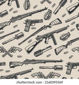 Soldier weapons monochrome seamless pattern vintage style 20th century Pedersen rifle hand grenades and pistols revolvers with cartridges vector illustration